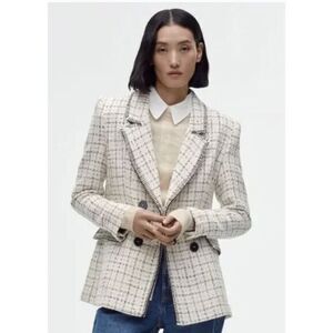 ZARA Tweed Blazer Double‎ Breasted 8274 Contrast Stitch Jacket Black White L